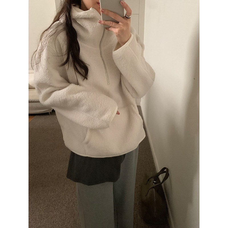 Yuanpai Bluepops2024冬新作ラムウールハーフジップフード付きスウェットシャツ怠惰なカジュアルトップw1170