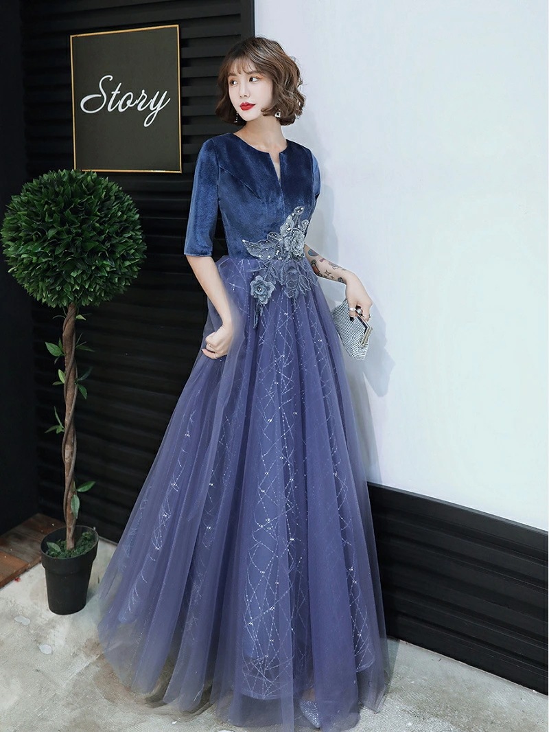 カラードレス ファスナー パーティードレス フォーマルドレス ロングドレス 半袖 ブルー 結婚式 二次会 発表会 青 ベルベット 5分袖 20代 30代 40代 切替 春秋 ゲストドレス ウェディング