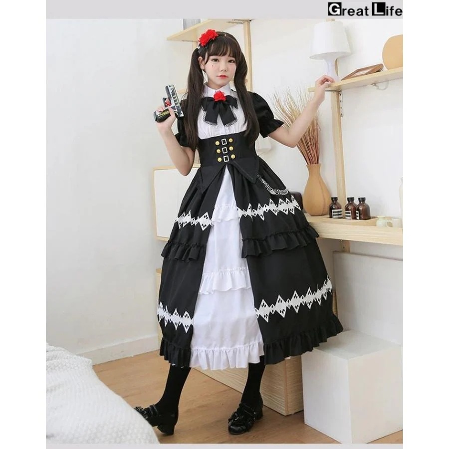 ハロウィン コスプレ 仮装 メイド服 ゴスロリ ロリータ ワンピース メイド セット レディース リボン付き ロリータ ワンピース 大人 大人用 ロング丈 女性 可愛
