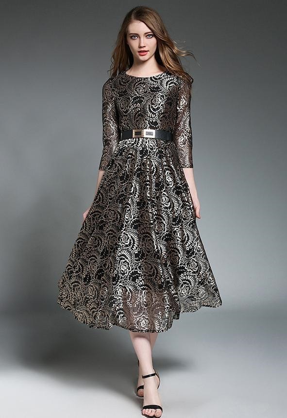 1493.総レースフレアワンピース（ブラック）結婚式 二次会 披露宴 フォーマル 2019 春夏 sale パーティー