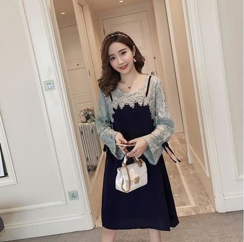 1317．花柄レースルーズワンピース（スカイブルー）　大人 かわいい カジュアル OL 女子会 20代 30代