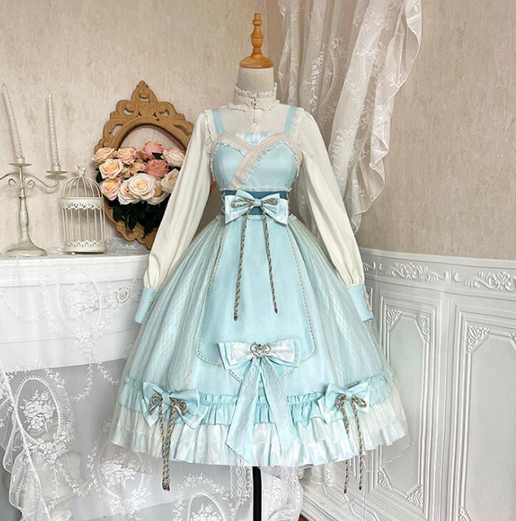 ロリータワンピース ロング丈 キャミソール 漢風 長袖ブラウス お姫系 ドレス ミモレ丈 プリンセスライン 細身ドレス 可愛い リボン コスプレ 学園祭 文化祭 撮影衣装 改良版漢服