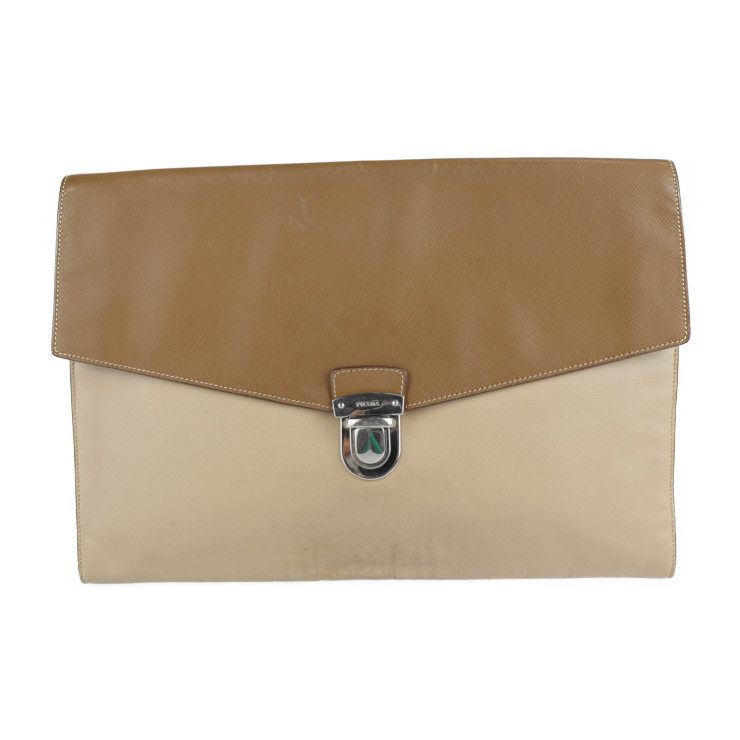 PRADA プラダ ポーチ クラッチバッグ VR0074 レザー ベージュ系 ブラウン シルバー金具 書類鞄 セカンドバッグ ビジネスバッグ フラップ【本物保証】