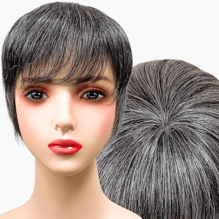 部分ウィッグ かつら ヘアピース ポイントウィッグ 白髪 グレイヘアー 女性 レディース 人毛mix ショート 前髪 ストレート O型つむじ(白5黒5人毛mix, グレイヘアーアップ)