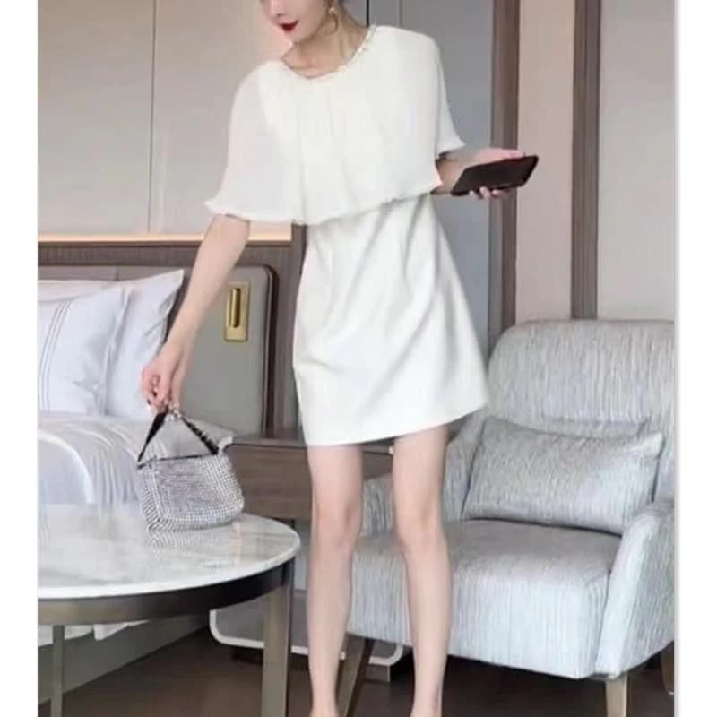 【急速出荷】送.料.無.料.ワンピースきれいめ 膝丈ワンピース 夏 半袖ワンピース 白シフォン フレアタイトスカート オシャレ風 大人パーティードレス 30代 50代