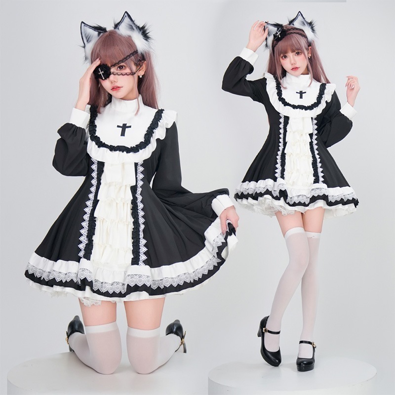女装Lolita黑白色连衣裙洋装洛丽塔萝莉公主蓬蓬裙