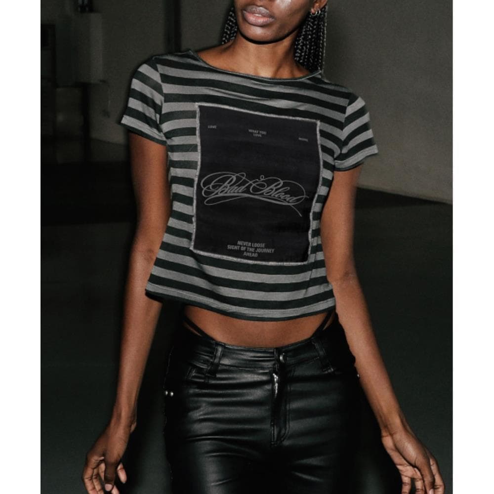 BADBLOOD Dark Classic Stripe T-Shirt Charcoal Black w-te