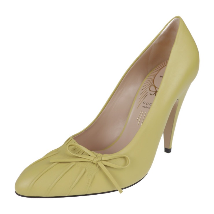 新品未使用展示品 GUCCI グッチ パンプス 551766 NO.5 LIGHT MUSTARD 表記サイズ 36 レザー ライトマスタード 参考サイズ23cm リボン 本物保証 中古