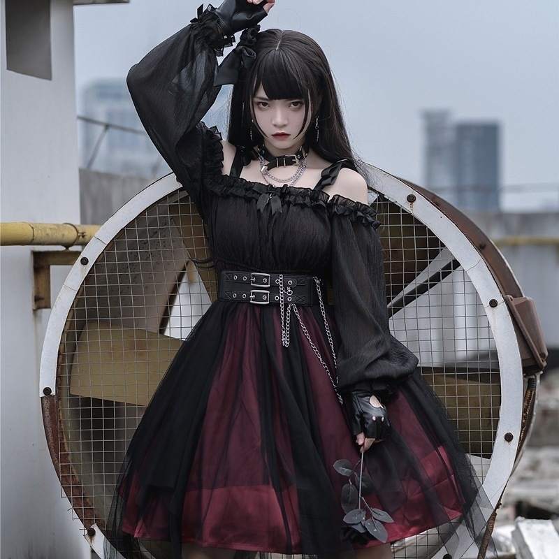 新作 ワンピース 変装 少女殺し屋 二次元キャラクター 不規則 ダークゴシック ロリータ 長袖 ロングスカート スカート シフォンワンピース