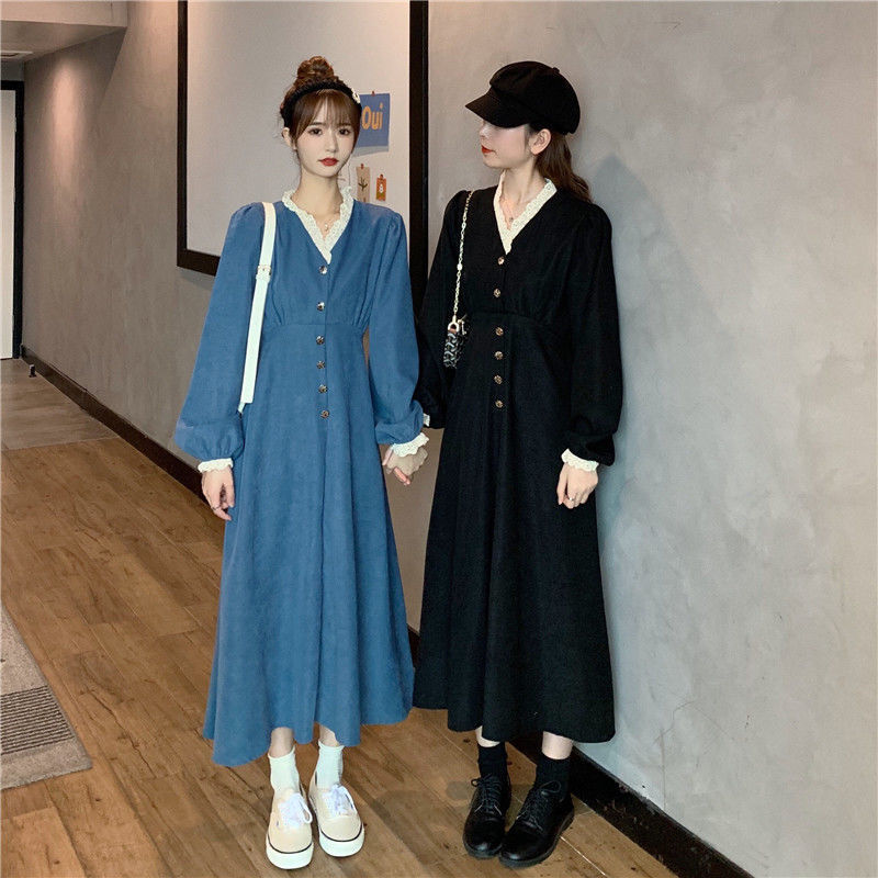 ロング ワンピース ドレス Aライン ブラック 黒 青 ブルー クローバーサイズ レトロ 鎖骨見せ