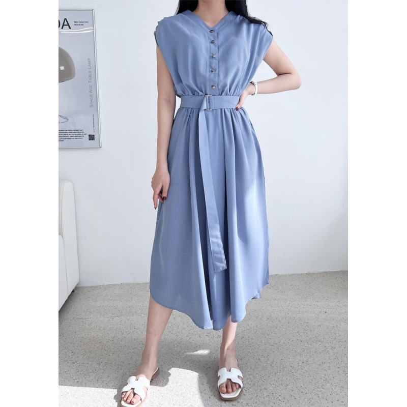 スリット ノースリーブ ロング ワンピース 女性 韓国ファッション コーデ Vネック ボタン ゆったり ベルト付き セット