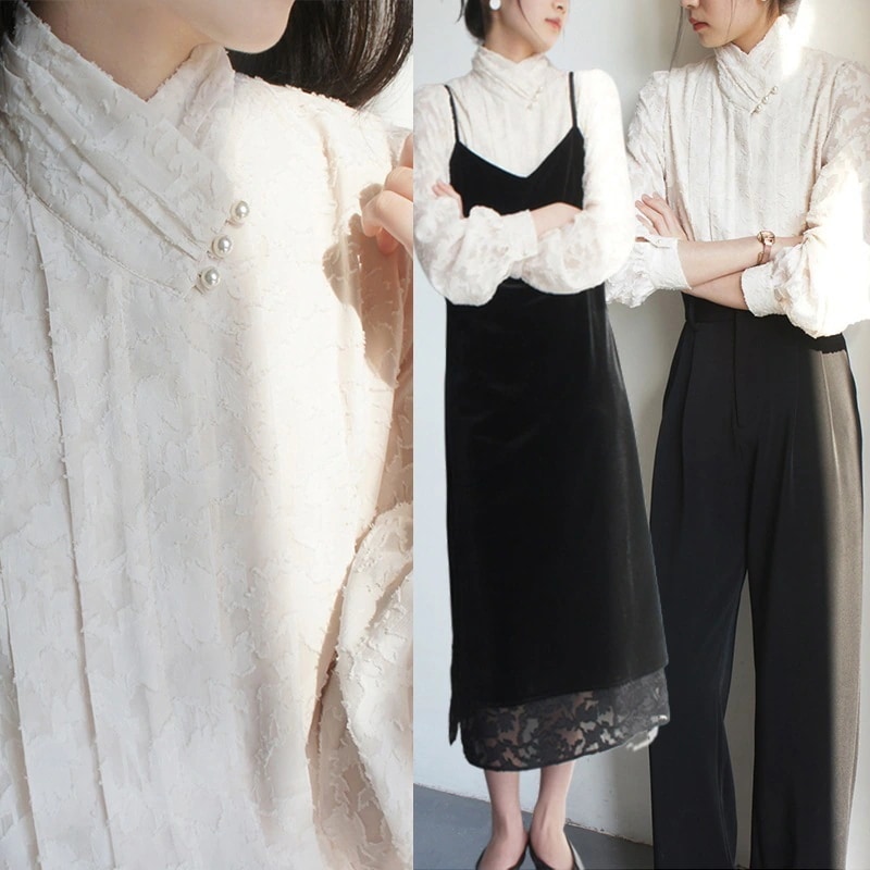 ブラウス オフィス チャイナ風トップス レディース 半立ち襟 パールボタン 白杏色 おしゃれシャツカーディガン