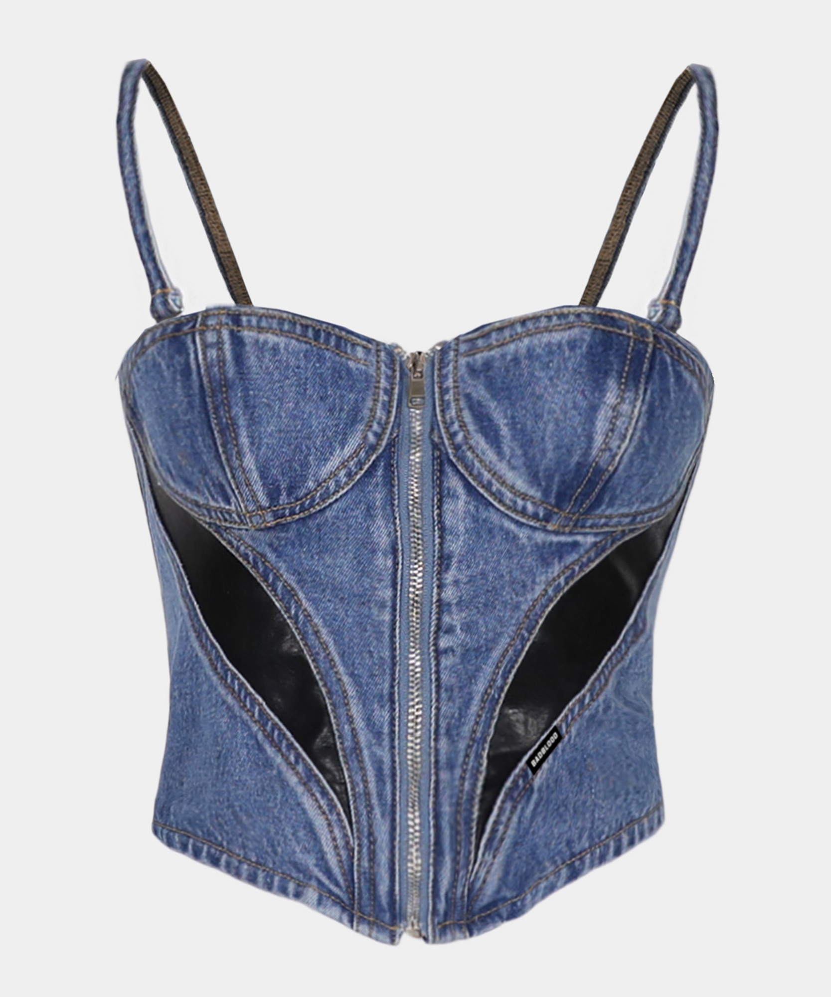 BADBLOOD ダンカンデニムレザービスチェ-ブルー/ブラック