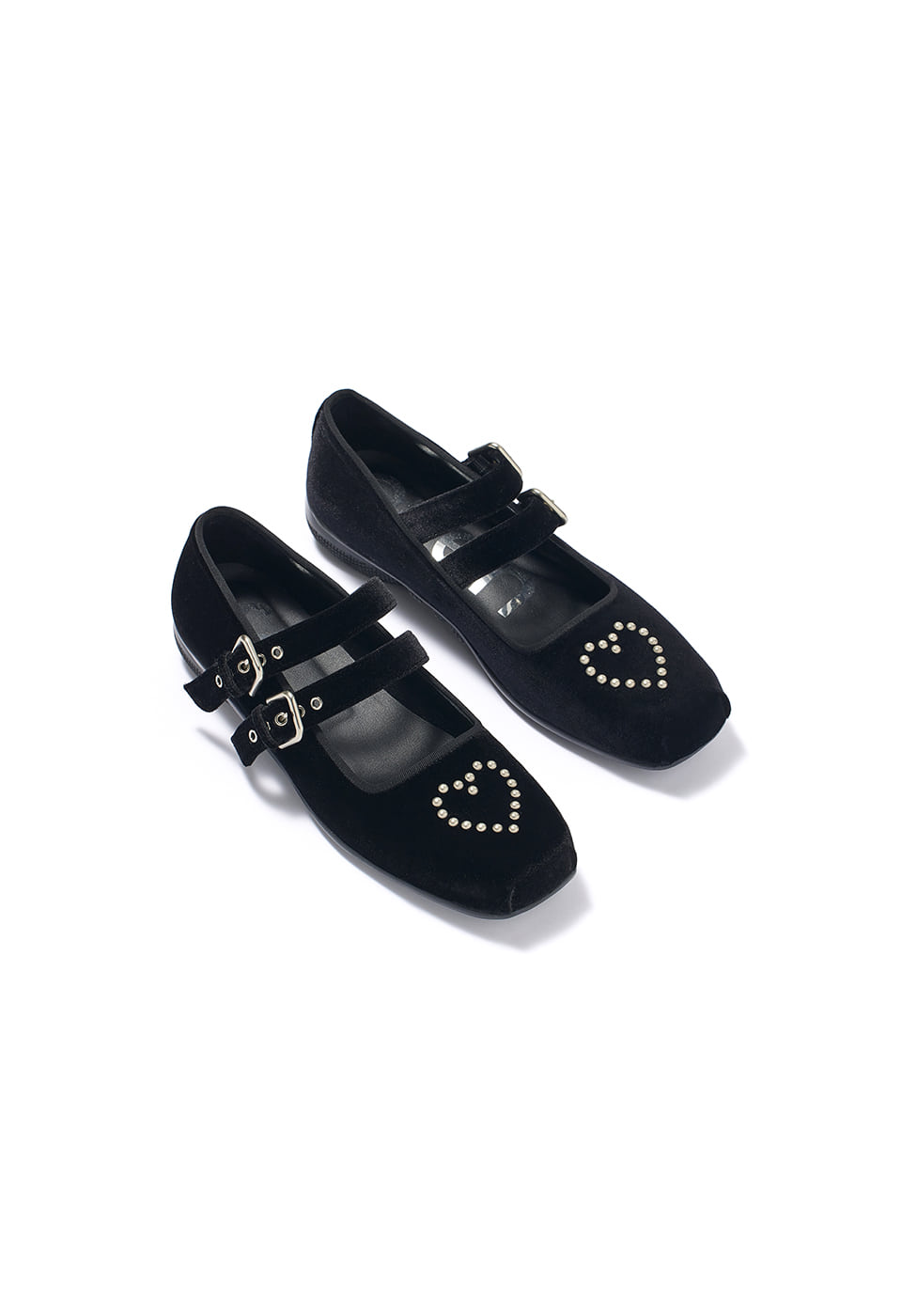 【OPEN Yy】25FW VELVET HEART STUD BALLET FLATS : BLACK