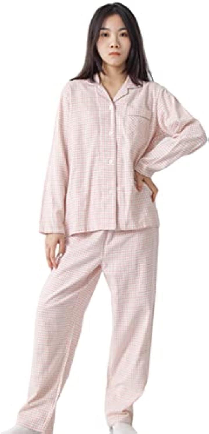 レディース パジャマ ネルパジャマ 綿 100% 冬秋春用 フランネル 上下セット ルームウェア 部屋着 長袖 コットン 前開き チェック柄( グレーピンク, M)