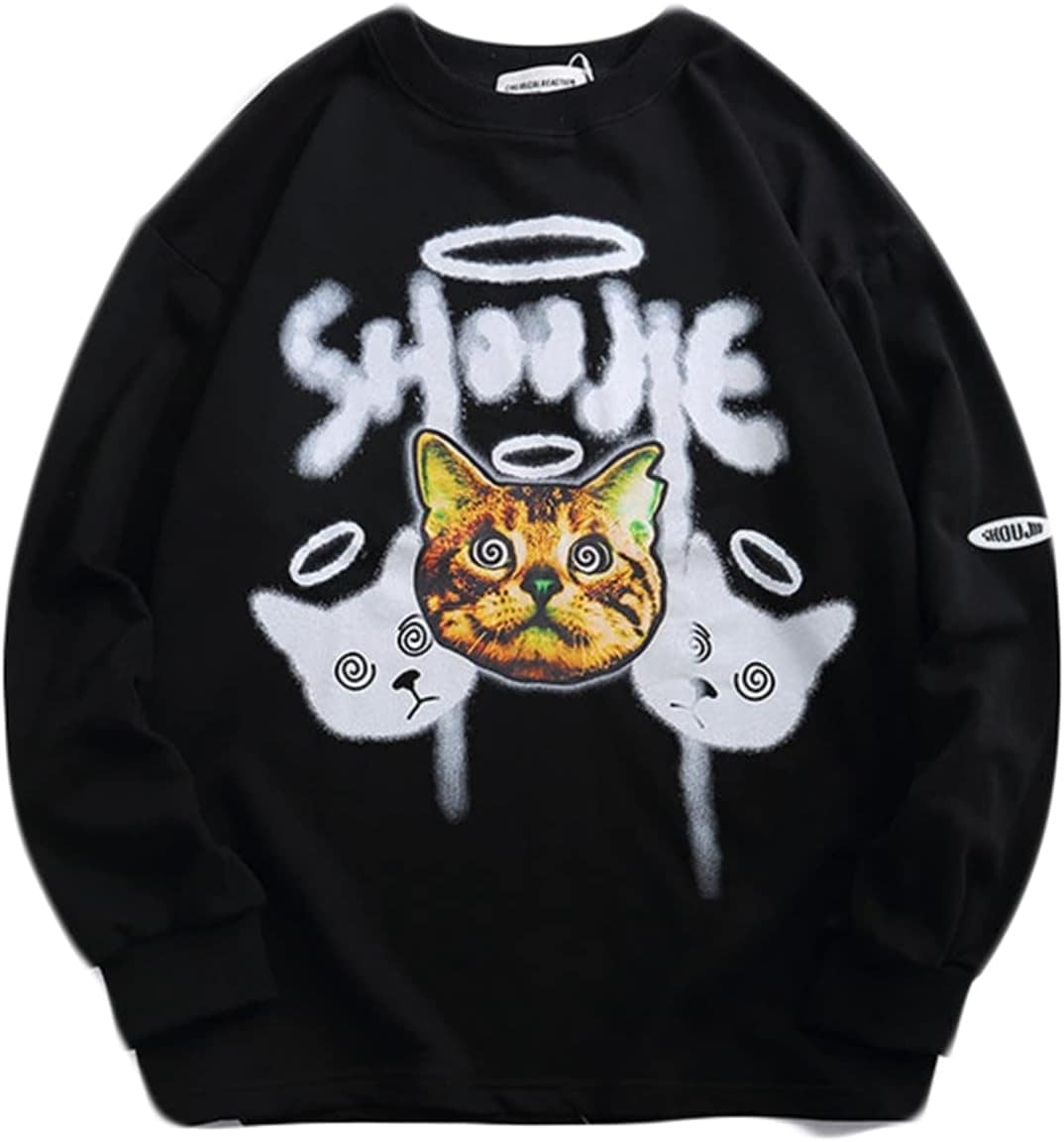 パーカー トレーナー メンズ 長袖 ねこ柄 かわいい カッコイイ カジュアル 丈長め オーバーサイズ ラウンドネック 体型パカー 秋服 プルオーバー ソフト オシャレ 通気性 伸縮性 ストリート系 日