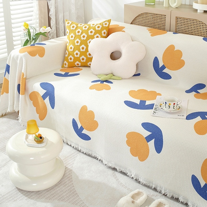 ソファカバー チューリップ 花柄 防水 ワッフル生地 汚れに強い 動物にひっかかられても傷がつきにくい タッセル ピンク イエロー パープル ホワイト
