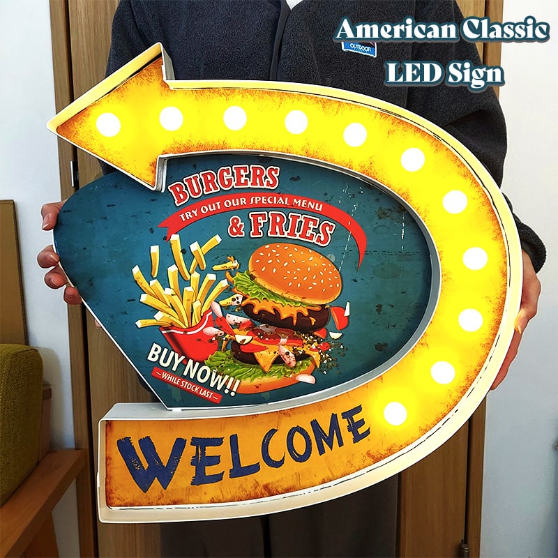 電飾看板 アメリカン クラシック LED Sign ハンバーガー ポテト 可愛い BURGERS & FRIES レトロ 壁掛け 照明 雑貨 サインライト WELCOME おしゃれ 大きい