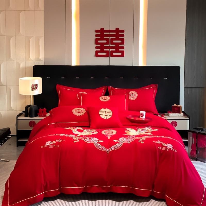 結婚式 4 点セットビッグレッド結婚式新婚ドラゴンとフェニックスの寝具お祝いの結婚式の部屋持参金キルトカバーシート 6,961円