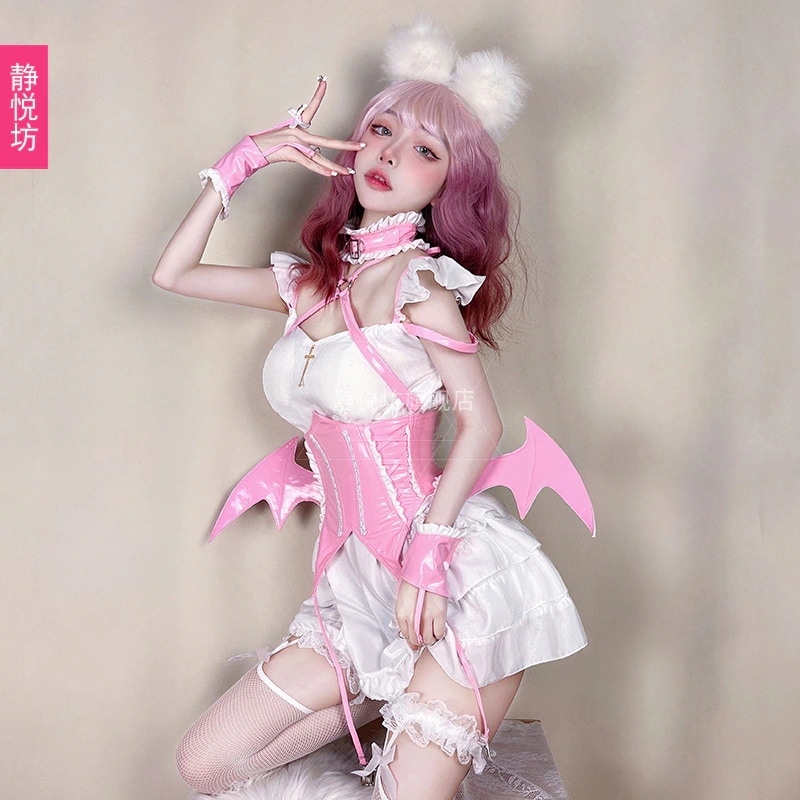 ハロウィン衣装ピンクのメイド服セクシーな小悪魔メイド制服誘惑コスプレコウモリ衣装のコスプレ