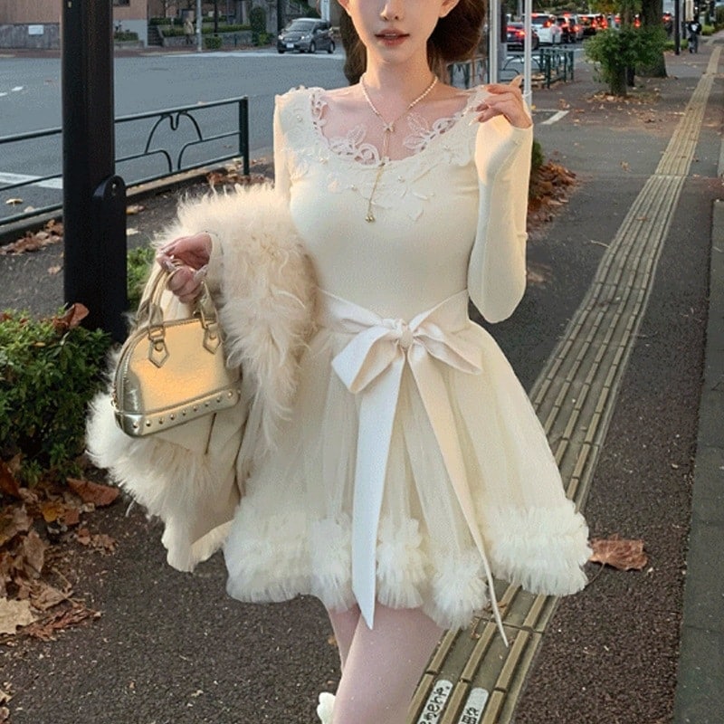 【3日出荷】春冬新作 シュガーレースパール フワフワショートワンピース