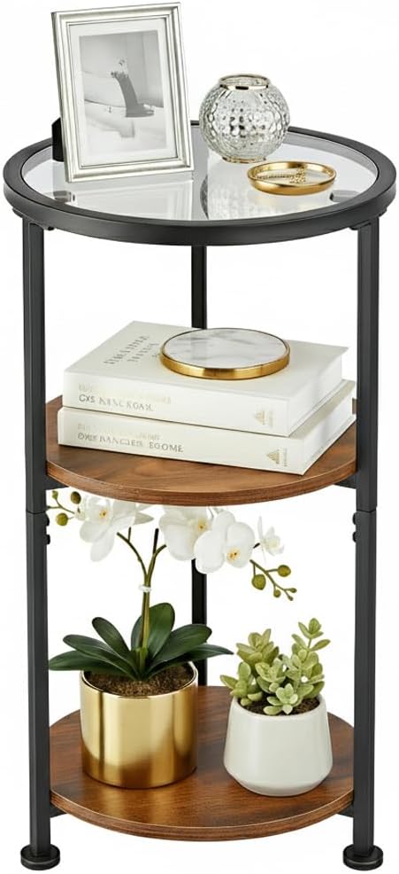 円形ガラス天板3段収納サイドテーブル 幅30cm 省スペース ブラウン