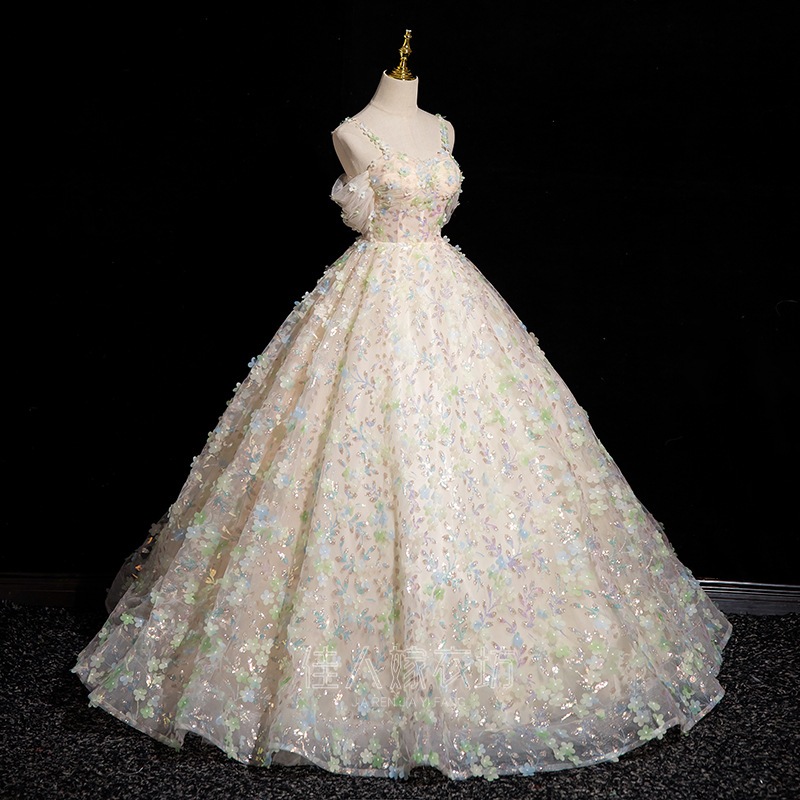 ワンショルダーシャンパンイブニングドレスステージベルカントソロチュチュスカートボーカルパフォーマンステストフラワーフェアリードレス
