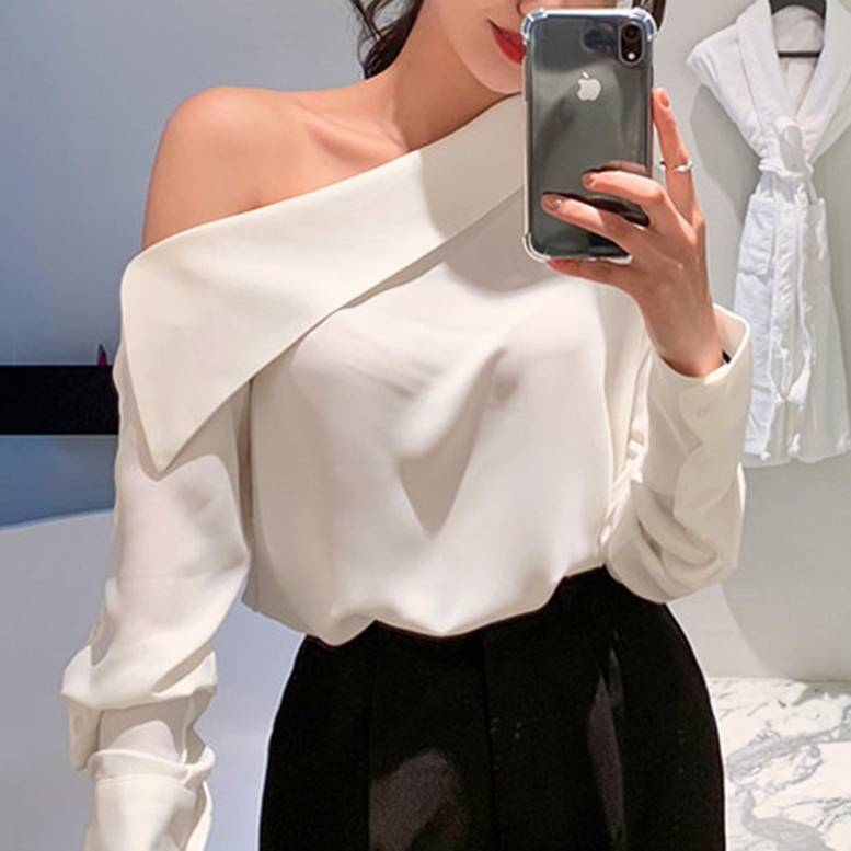 2color ワンショルダー長袖ブラウス トップス ブラウス プルオーバー オフショルダー ワンショル 上品 クール モード系 学生 楽ちん 体型カバー インスタ映え 春夏 春 夏 秋冬 秋 冬 ママ