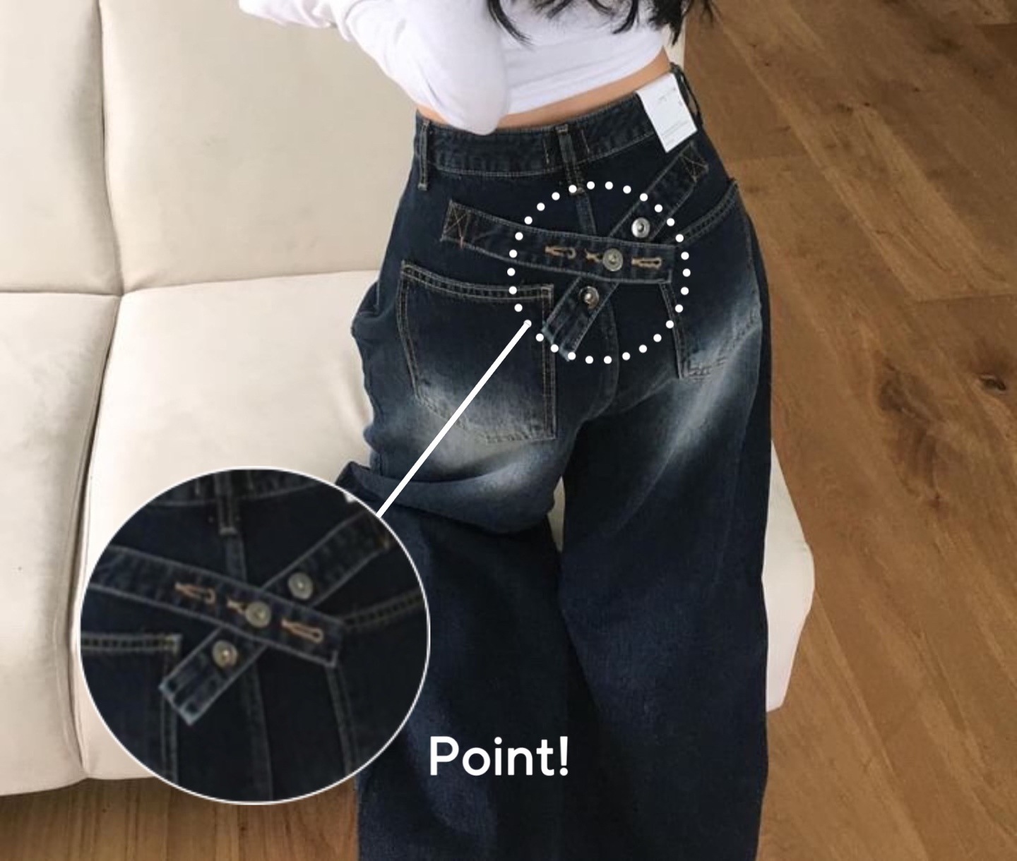 [ボタンpoint] キャットブラシ ワイド ダークブルー デニム ジーンズ ロング パンツ