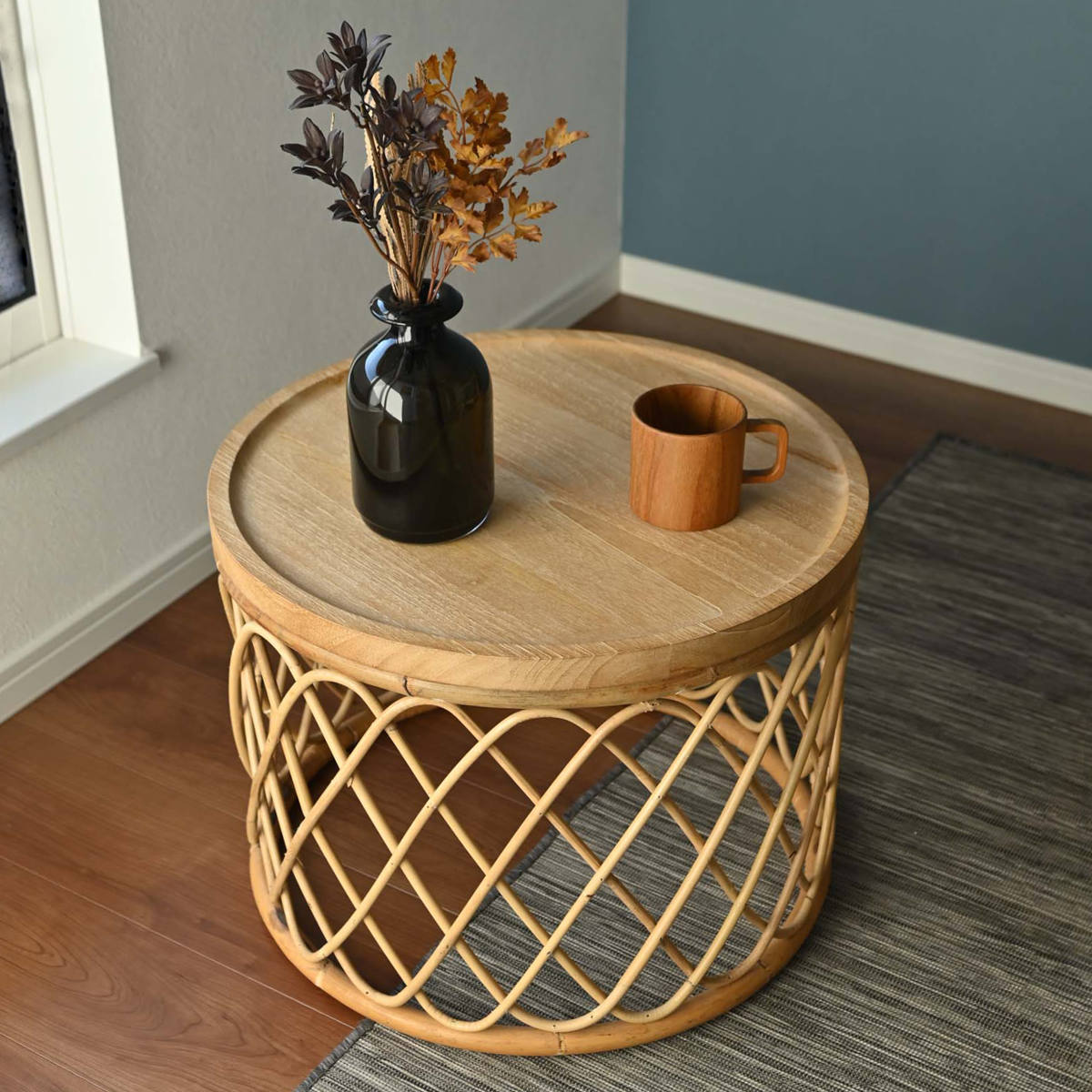 籐 サイドテーブル チーク無垢天板 Breeze 直径50cm テーブル 机 丸 ラタン製 天然木 完成品 ラタンテーブル コーヒーテーブル 籐製 木製