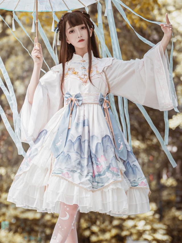 【全店任意2枚購入で100円OFF】チャイナロリータワンピース　ホワイト山柄　華ロリ　中華　撮影　リボン　夢かわ　チャイナ服