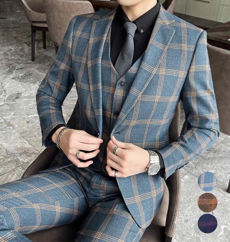 春秋 ビジネススーツ スリーピース スーツ チェック柄 韓国風 結婚式スーツ メンズスーツセット 通勤 披露宴 司会 パーティースーツ セットアップ スリムスーツ 成人式 フォーマルスーツ 紳士服 父
