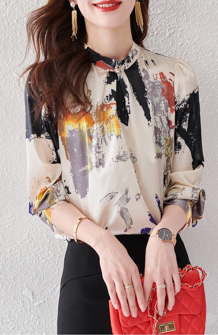 レディース スタンドカラー プリント シフォントップ 女性 春 秋 長袖 シャツ ファッション ウエスタンスタイル シャツ ホワイト M L XL XXL トップス 袖あり かわいい 大人可愛い