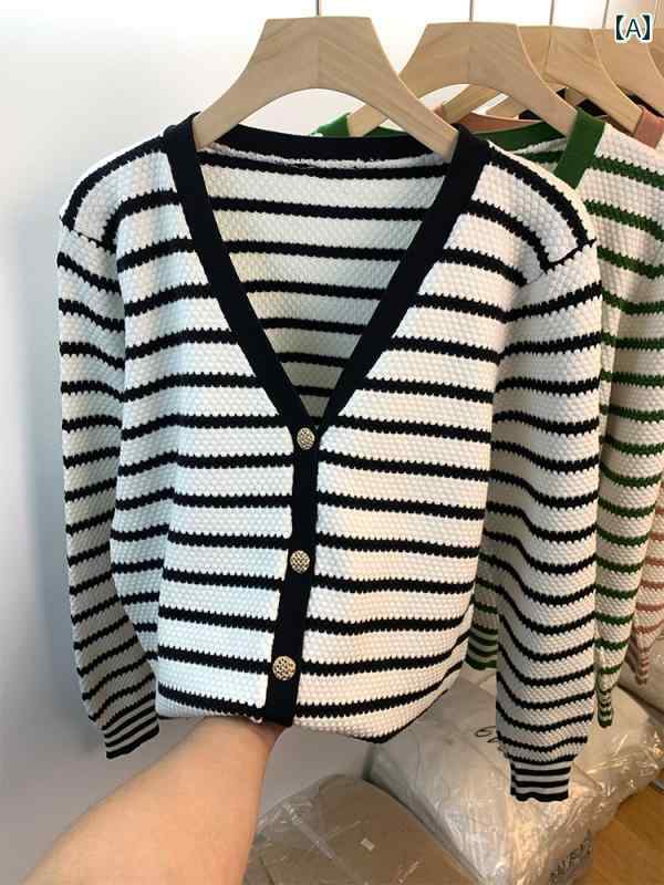ニット レディース おしゃれ カーディガン カジュアル Vネック 春秋 長袖 トップス セーター ブラック グリーン ホワイト ボーダー