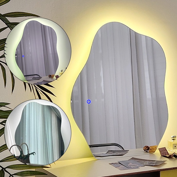 LEDライト付きミラー Lサイズ(70x56cm) 単色・3色 ウェーブミラー ウッドスタンド付き 13,884円