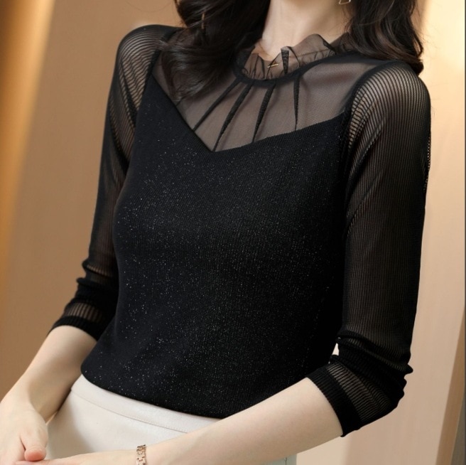シースルーデザイントップス ラグジュアリートップス 長袖メッシュトップス カジュアルハイネックシャツ トップス シャツ ブラウス プルオーバー 袖あり 長袖 Uネック スリム タイト 細身 ストレート