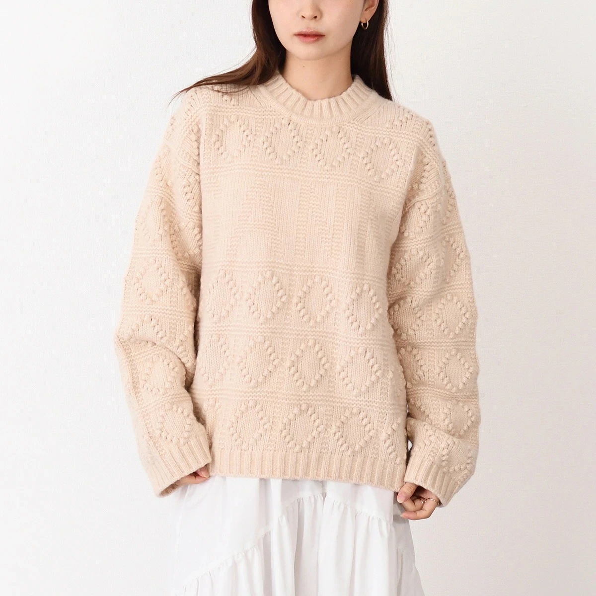 ニット トップス セーター WOOL COTTON BUBBLE O-NECK KNIT K2220 レディース アイボリー 長袖 秋冬 ウール