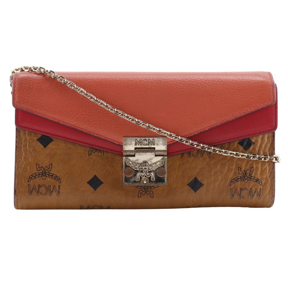 パトリシア カラーブロック ヴィセトス チェーンウォレット レザー PVC 茶 ピンク レディース 中古品