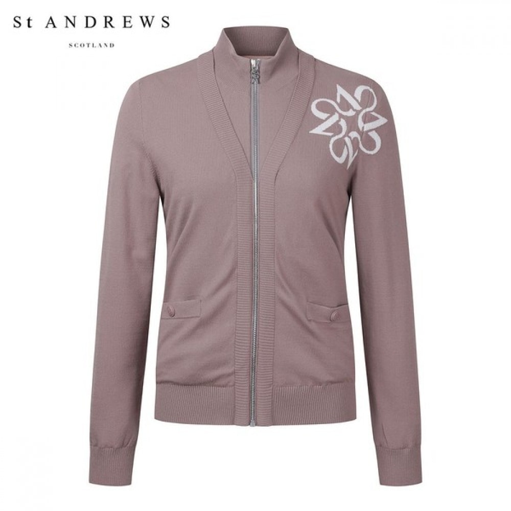 (St Andrews) 女性用シンボルインタルシア防風裏地付きダウンジップアップカーディガン