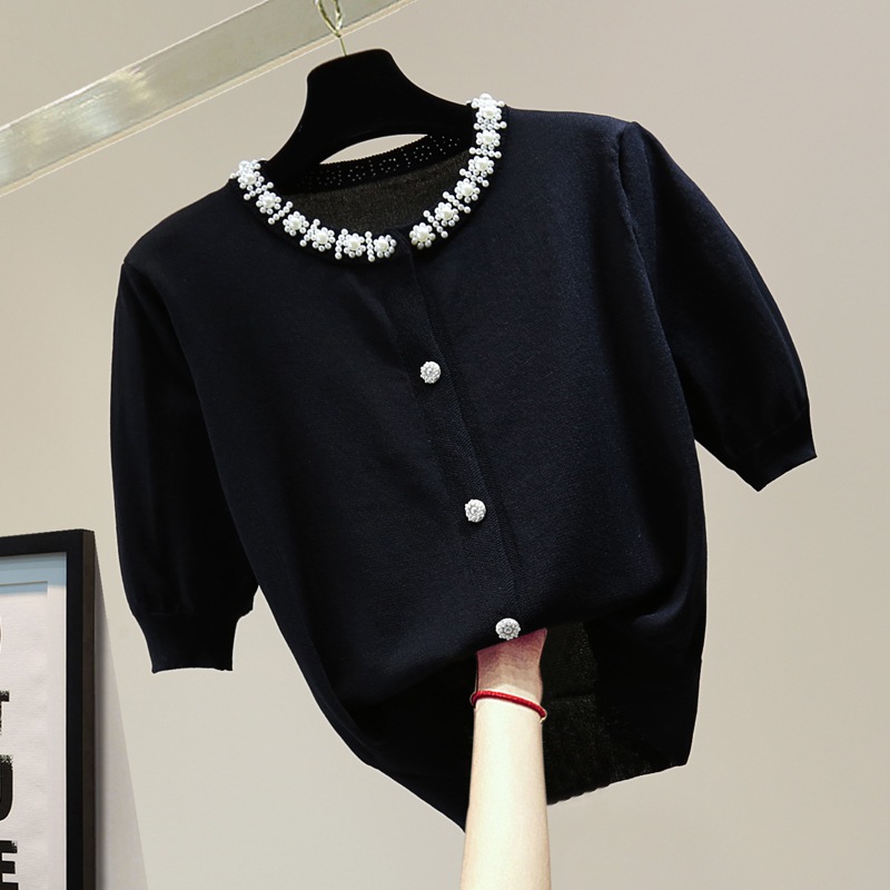 パールビーズ トップス ニットソー カーディガン ショート ショート丈 半袖 パフスリーブ ラウンドネック ストレート 刺繍 前開き ボタン ニット サマーニット かわいい 大人可愛い きれいめ 大人