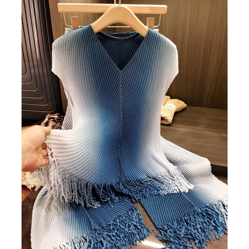 ファッション龍鱗しわセットグラデーションvネックフリンジ上着ワイドパンツ2点セット夏 5,045円