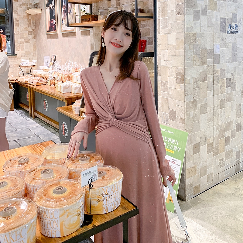 【送料無料】マタニティ ワンピース ツイスト 授乳服 ラメ入り Vネック 長袖 レディース