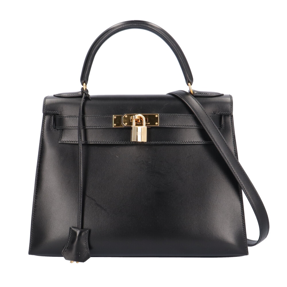 エルメス ケリー28 外縫い ショルダーバッグ ボックスカーフ ブラック HERMES 中古