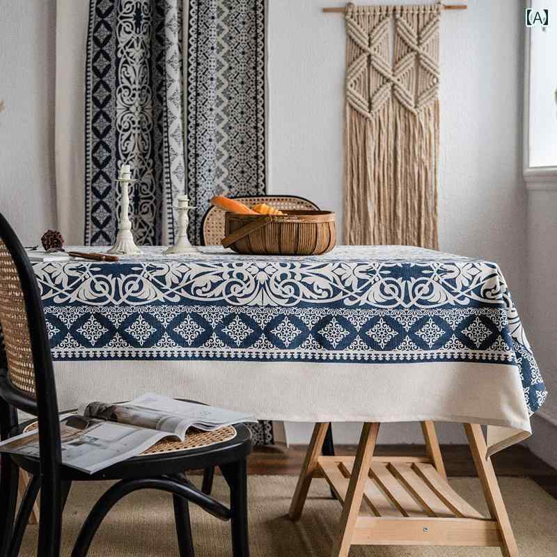 テーブルクロス レトロ 汚れ防止 机カバー 布 雑貨 キッチン ダイニング リビング おしゃれ 北欧 コットン リネン 幾何学模様 長方形 青