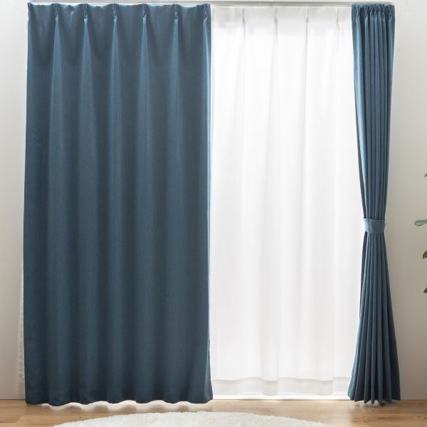 2級遮光カーテン 約幅100x丈178cmx2枚セット ネイビー 省エネ 節電 無地 シンプル ナチュラル タッセル付き ウォッシャブル キャナル