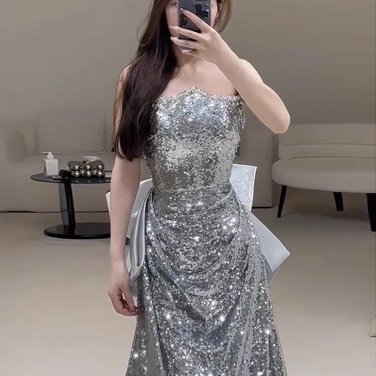 【2枚購入で 3oo円OFF！】ティブレットのおっぱいバンケットドレスハイエンドシルバー学生卒業アダルトギフトゴールデンホスト花嫁服