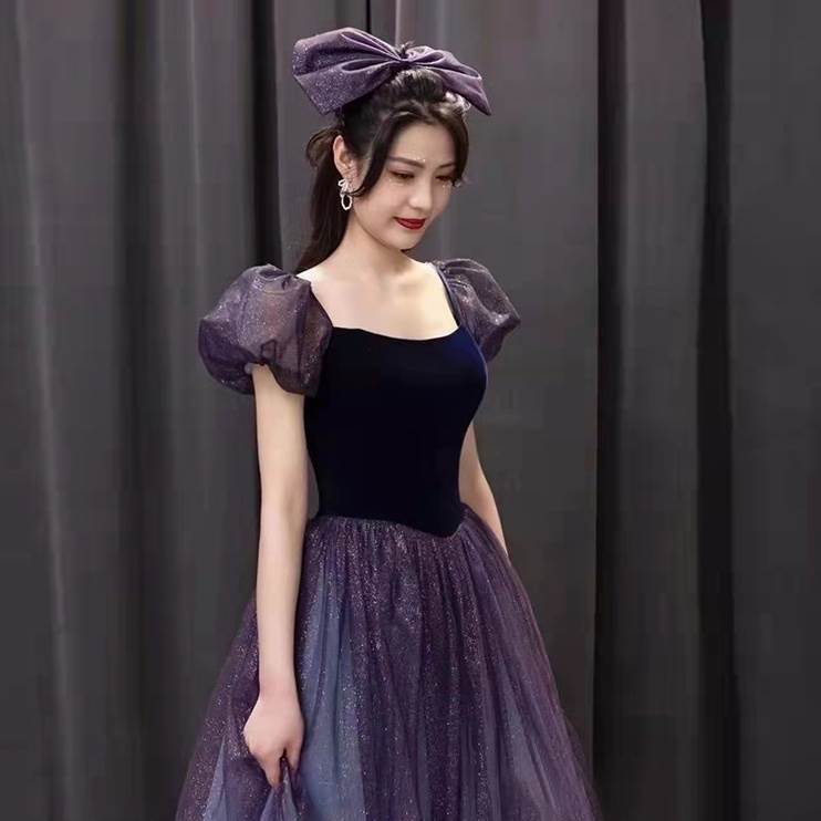 パーティードレス ラメ ロング パフスリーブ レディース 結婚式 二次会 お呼ばれ 演奏会 発表会 フォーマル ドレス ワンピース ロング 紫 華やか 半袖 シフォン 春 秋 冬 小さいサイズ XS