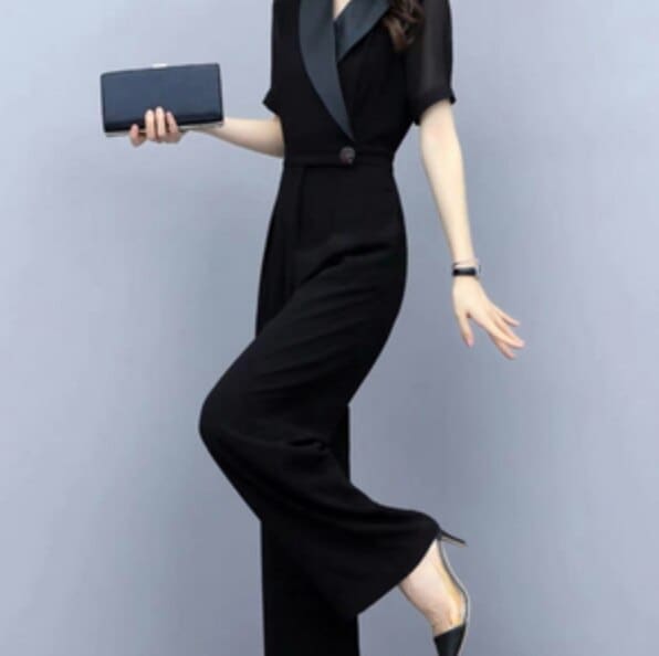 デート かわいい 大人可愛い きれいめ シンプル カジュアル 大人 上品 おしゃれ お洒落 大人女子 オールインワン 無地 シアー 透け感 襟付き Vネック ブラック L 韓国 ワイドパンツ イベント