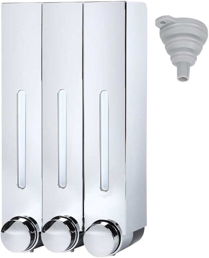 シャンプーディスペンサー 大容量 詰替用 壁掛け ステッカー 漏斗 付き 簡単 取り付け(3， シルバーメッキ, 420ml)