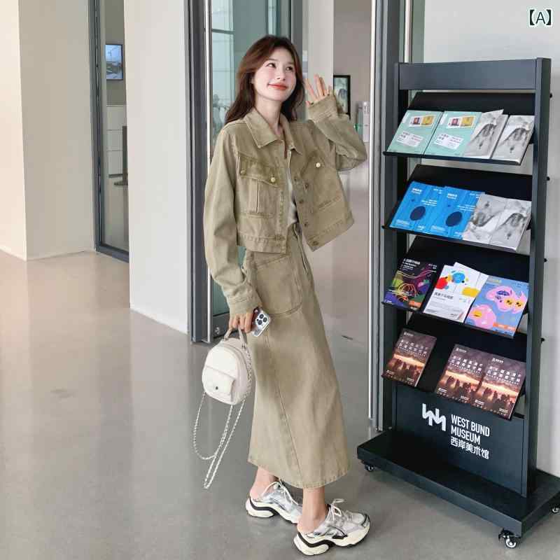 デニム　スタイル　レディース　 韓国 春の 衣装 ハイエンドの 2025 クールな 作業着 デニム トップ スカート ツーピース セットの 完全な セット